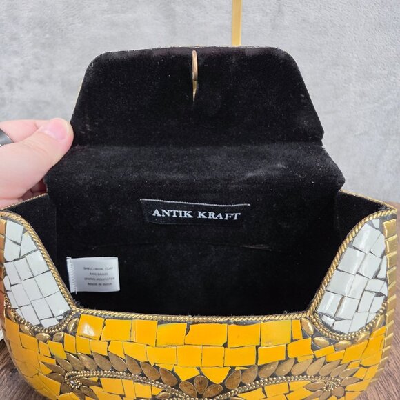 Antik Craft Metal Clutch Crossbody Honey Metallic Gold Mosaic Tile Art Chain New - Picture 2 of 15